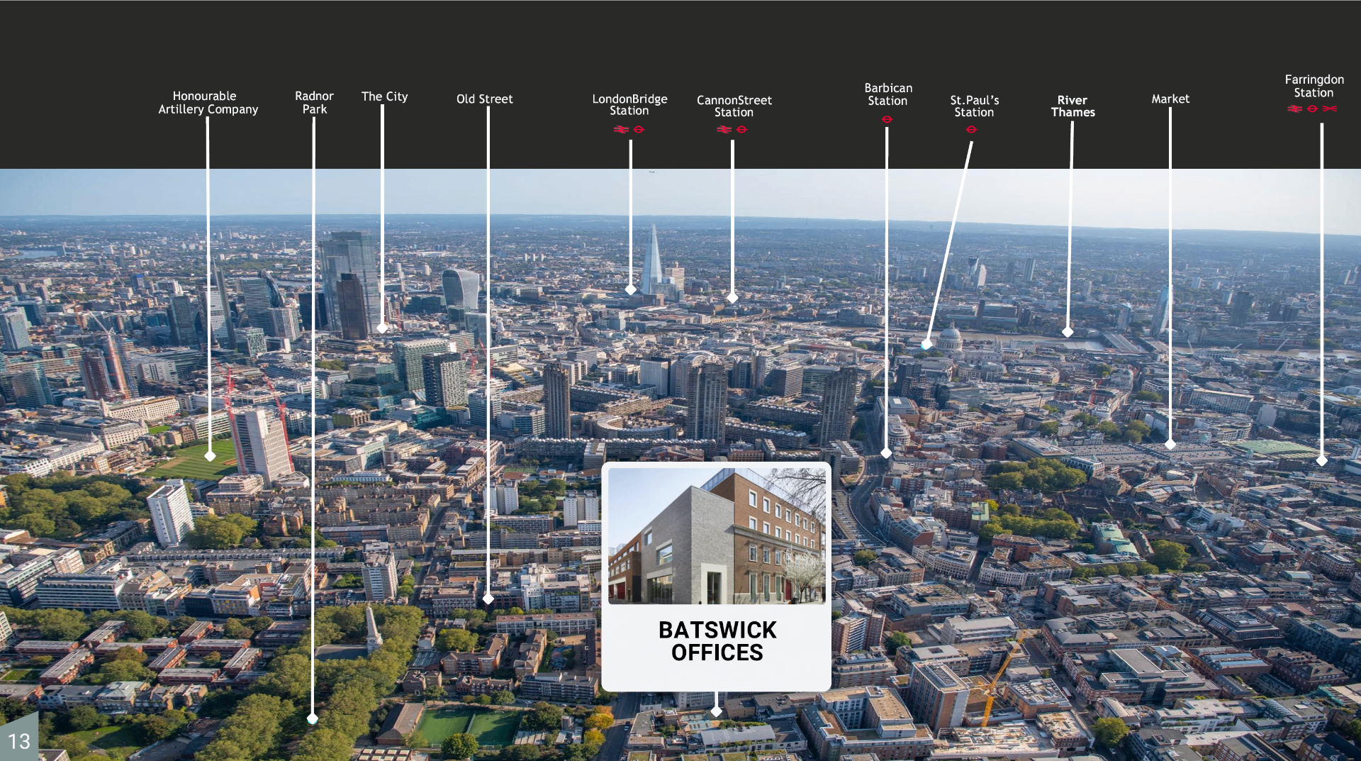 Aerial map showing Bastwick Offices in relation to Farringdon, Old Street, Barbican and surrounding London landmarks