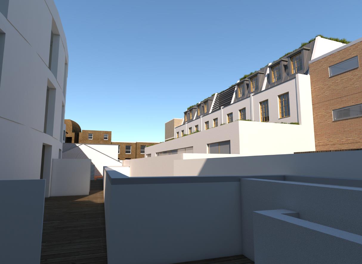 Courtyard view — set-back third floor and terraces